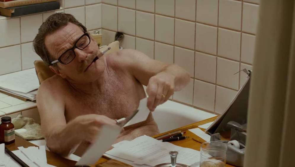 Or hey, defeat your writer's block by writing in a hot bath, like Writing in the bath, Dalton Trumbo (Bryan Cranston).
